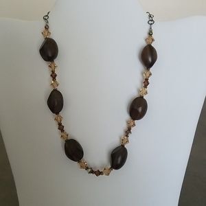 Wooden Bead and Crystal Necklace